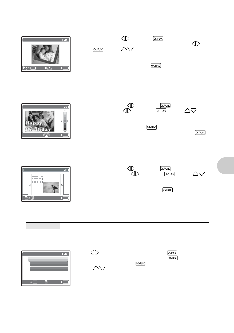 Adding frames to pictures, Add a label to your picture, Create a calendar print with a picture | Arranging and integrating multiple pictures, Me nu opera tions, Frame, Label, Calendar, Layout | Olympus µ 820 User Manual | Page 31 / 80