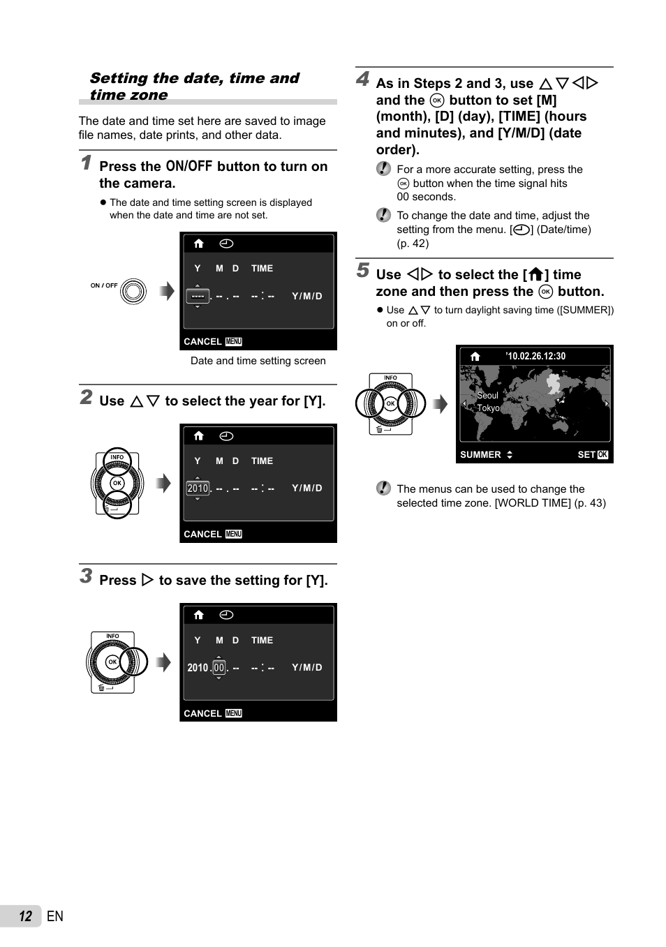 12 en setting the date, time and time zone | Olympus SP-600UZ User Manual | Page 12 / 70