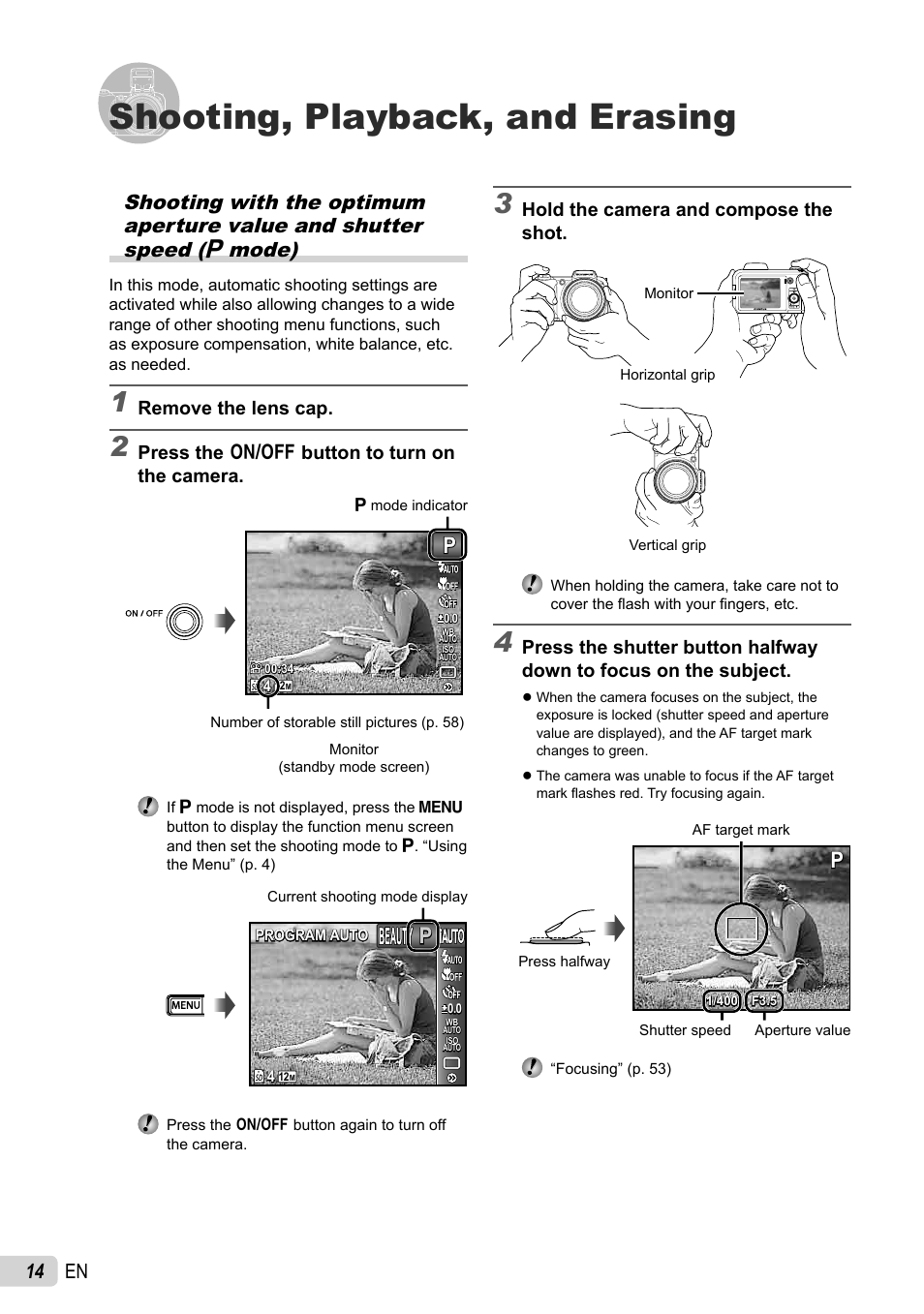 Shooting, playback, and erasing, 14 en, Hold the camera and compose the shot | Remove the lens cap, Press the n button to turn on the camera | Olympus SP-600UZ User Manual | Page 14 / 70