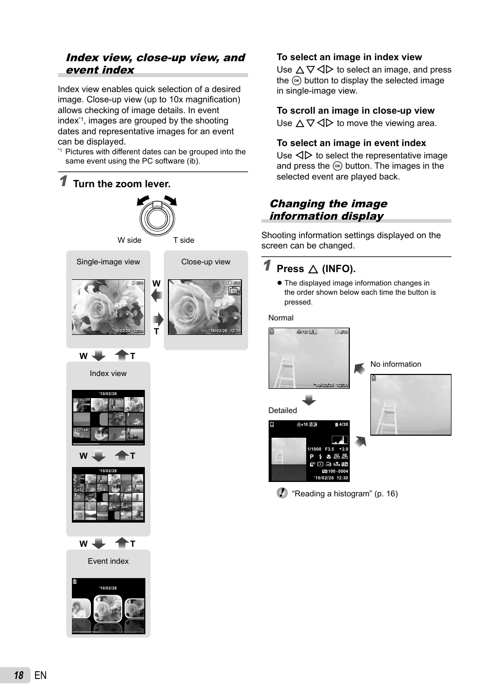 18 en index view, close-up view, and event index, Changing the image information display, Turn the zoom lever | Press f (info), Use fghi to move the viewing area | Olympus SP-600UZ User Manual | Page 18 / 70