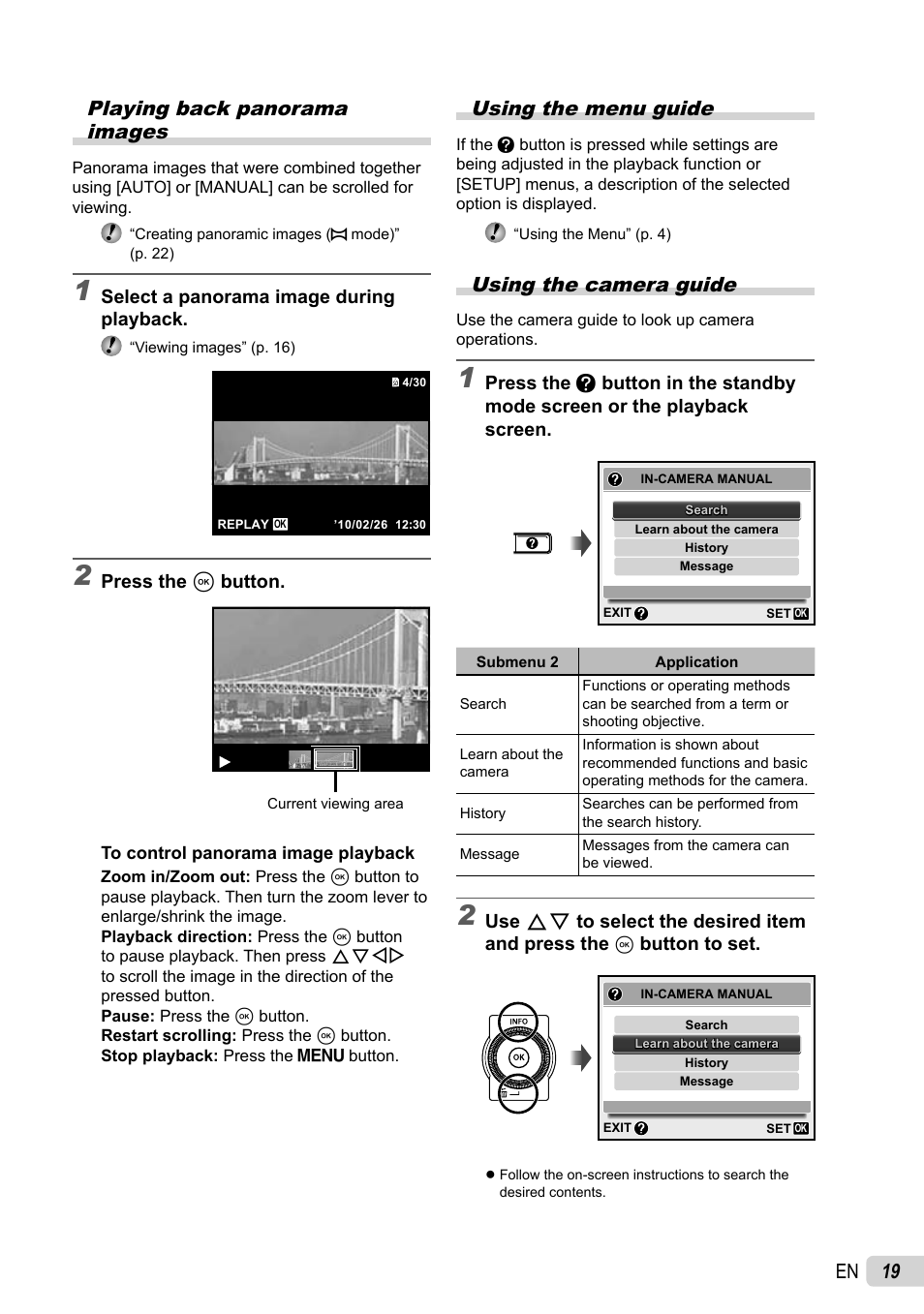 19 en playing back panorama images, Using the menu guide, Using the camera guide | Olympus SP-600UZ User Manual | Page 19 / 70