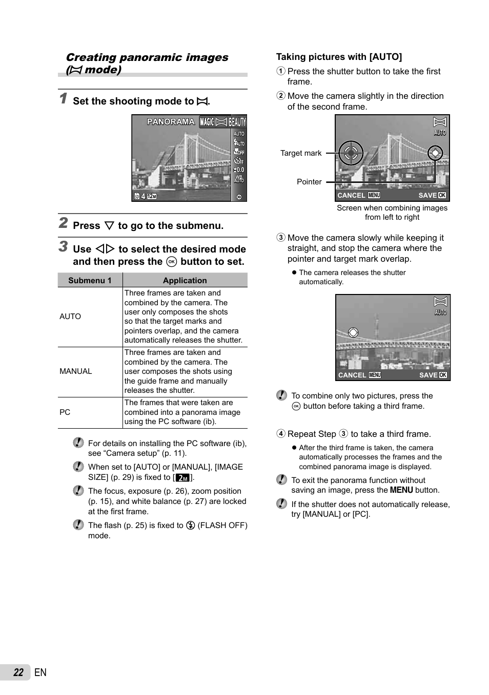 22 en creating panoramic images (a mode), Set the shooting mode to a, Press g to go to the submenu | Olympus SP-600UZ User Manual | Page 22 / 70
