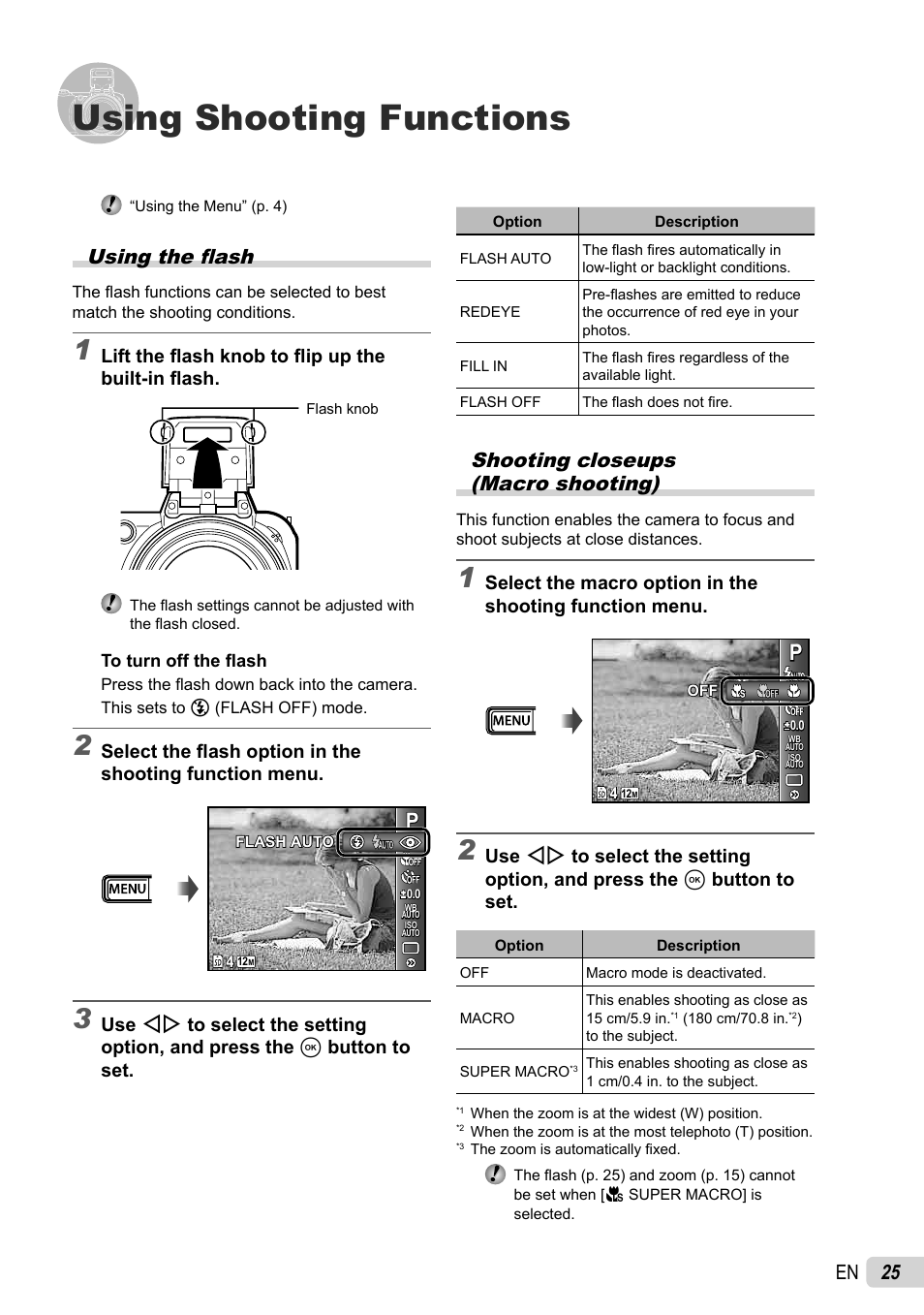 Using shooting functions, 25 en, Shooting closeups (macro shooting) | Using the fl ash | Olympus SP-600UZ User Manual | Page 25 / 70