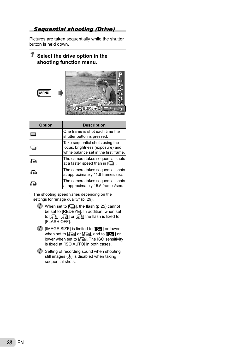 28 en sequential shooting (drive) | Olympus SP-600UZ User Manual | Page 28 / 70