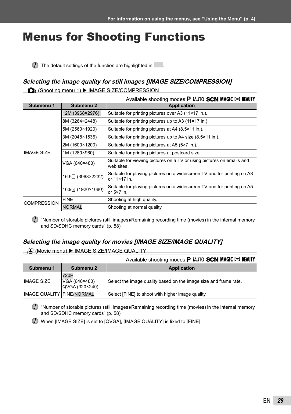 Menus for shooting functions, 29 en | Olympus SP-600UZ User Manual | Page 29 / 70