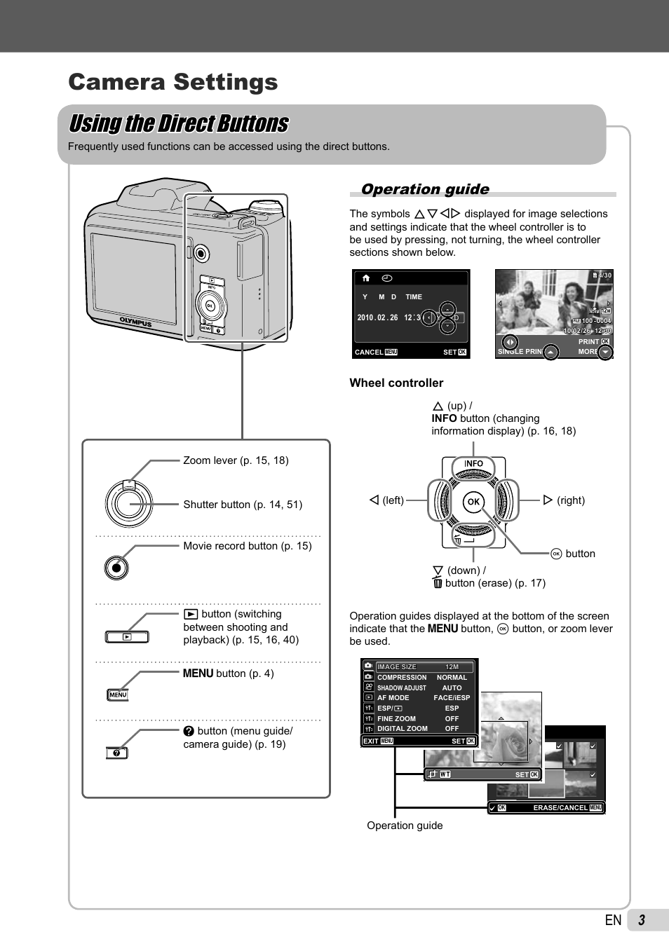 Operation guide, Wheel controller | Olympus SP-600UZ User Manual | Page 3 / 70