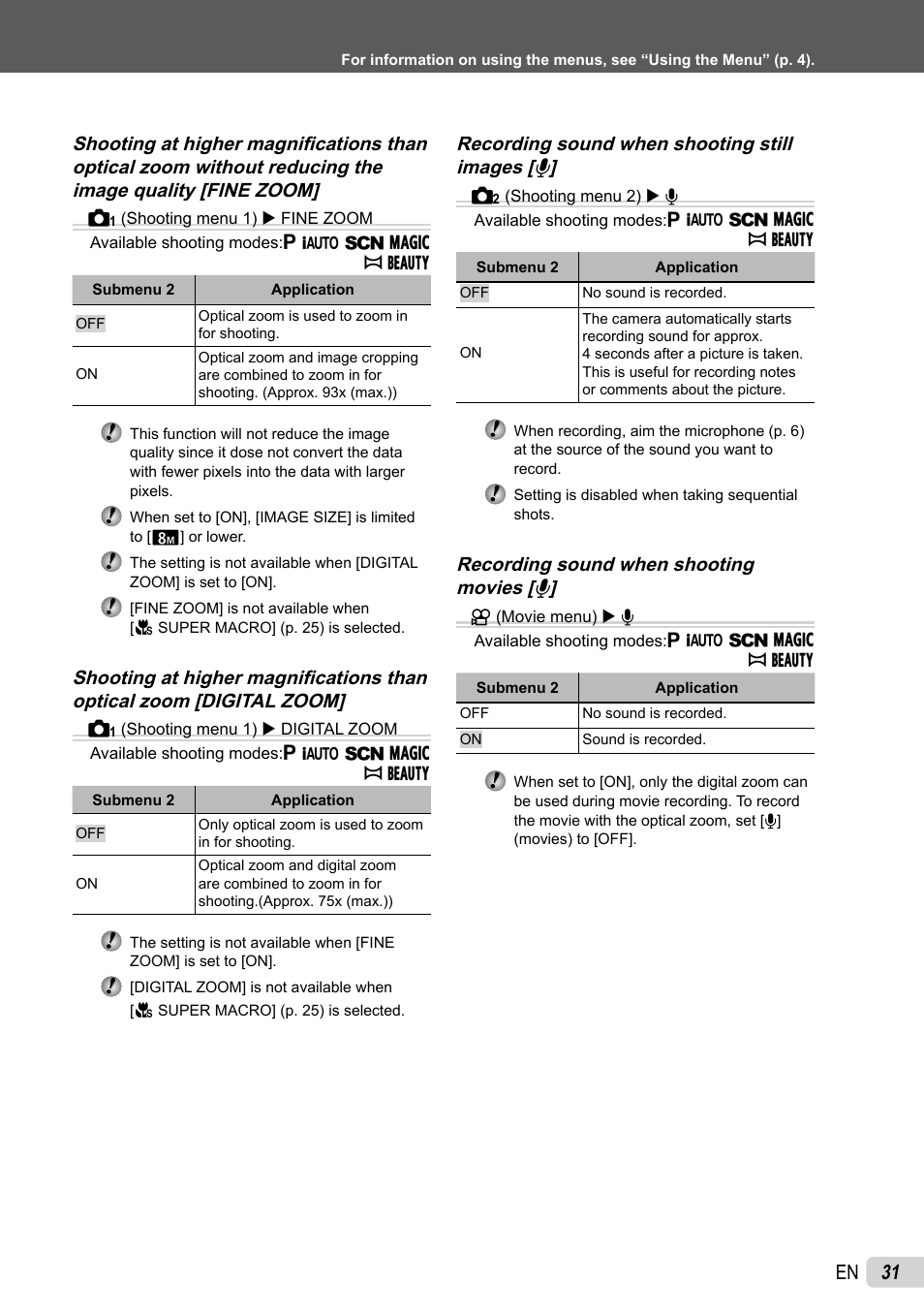 31 en, Recording sound when shooting still images [ r, Recording sound when shooting movies [ r | Olympus SP-600UZ User Manual | Page 31 / 70