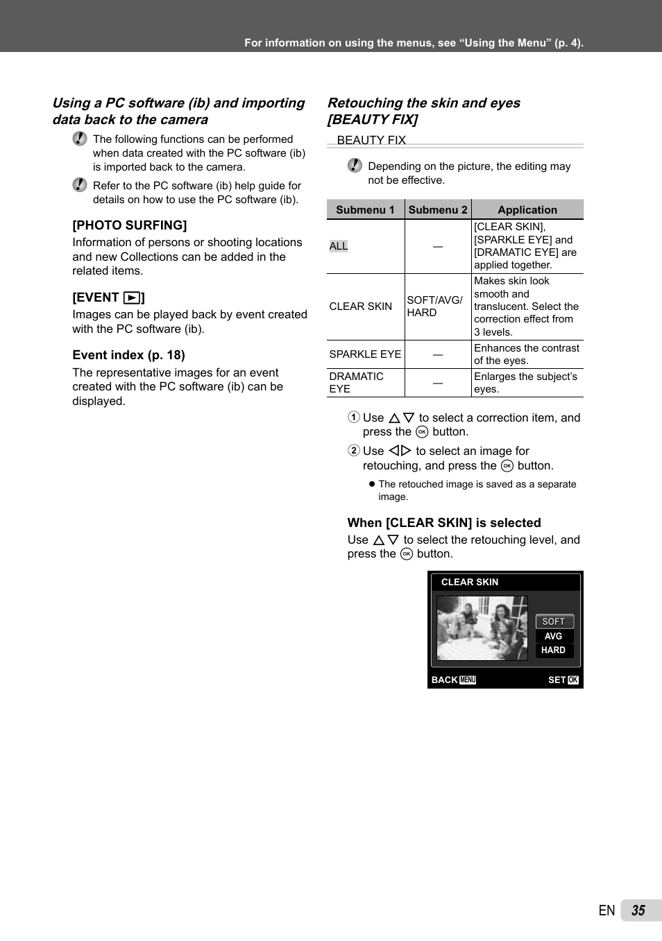35 en, Retouching the skin and eyes [beauty fix | Olympus SP-600UZ User Manual | Page 35 / 70