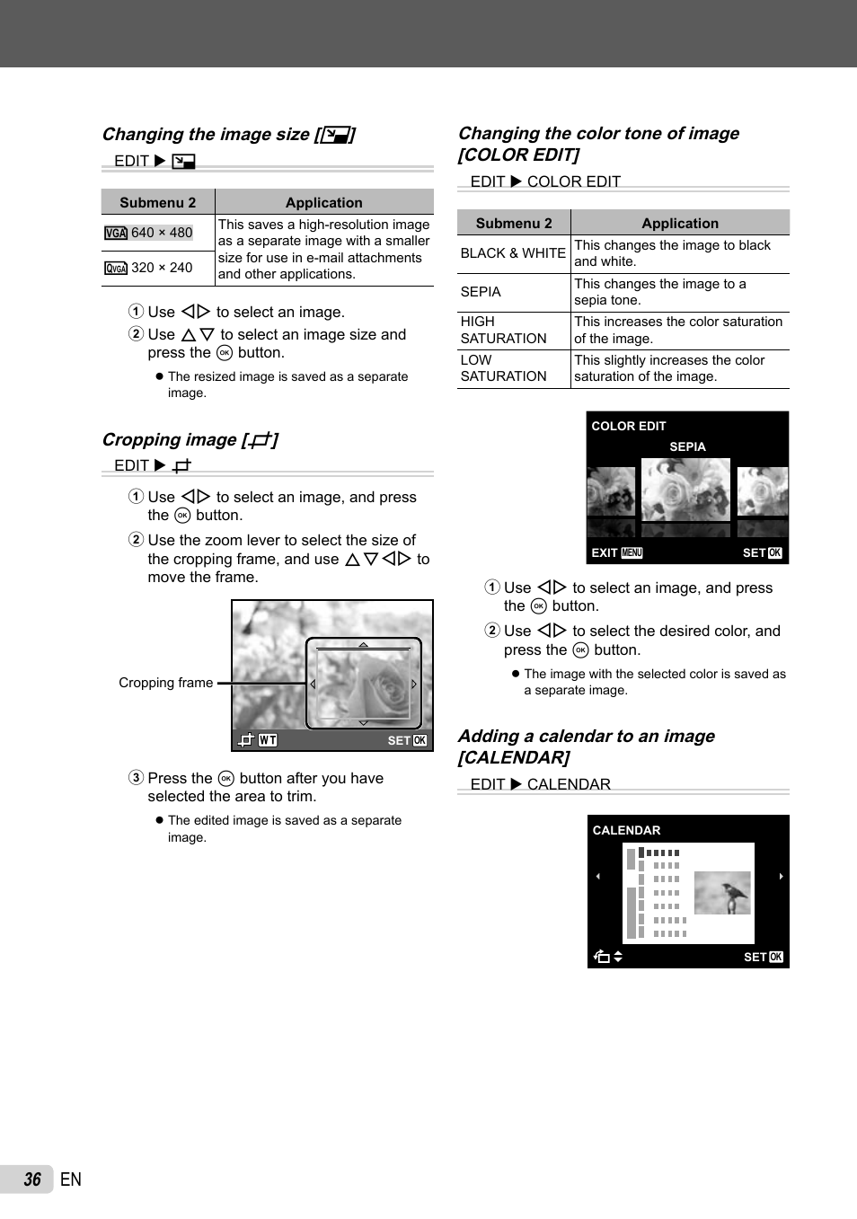 36 en, Changing the image size [ q, Cropping image [ p | Changing the color tone of image [color edit, Adding a calendar to an image [calendar | Olympus SP-600UZ User Manual | Page 36 / 70