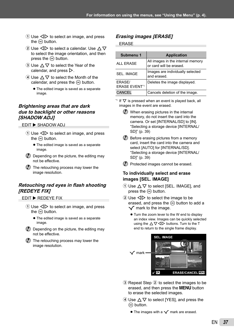 37 en, Retouching red eyes in fl ash shooting [redeye fix, Erasing images [erase | Olympus SP-600UZ User Manual | Page 37 / 70