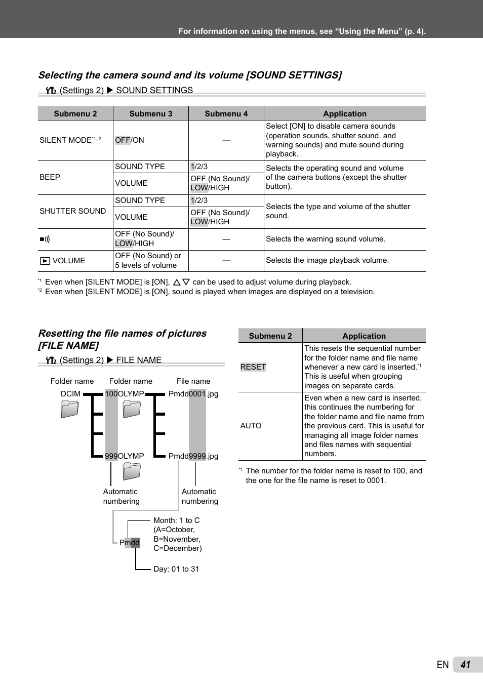 41 en, Resetting the fi le names of pictures [file name | Olympus SP-600UZ User Manual | Page 41 / 70