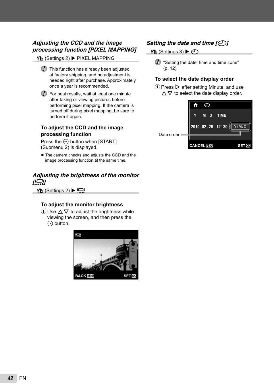 42 en, Adjusting the brightness of the monitor [ s, Setting the date and time [ x | Olympus SP-600UZ User Manual | Page 42 / 70