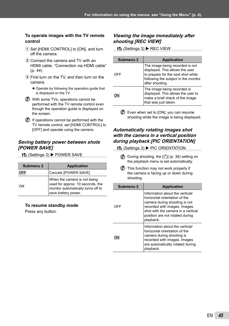 45 en, Saving battery power between shots [power save | Olympus SP-600UZ User Manual | Page 45 / 70