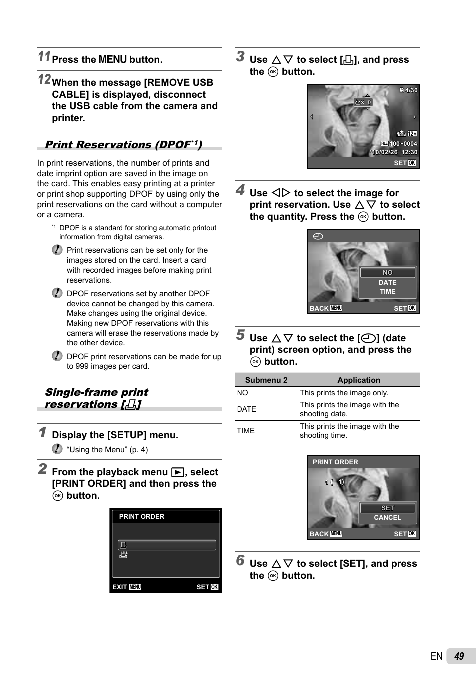 49 en, Print reservations (dpof, Single-frame print reservations | Olympus SP-600UZ User Manual | Page 49 / 70
