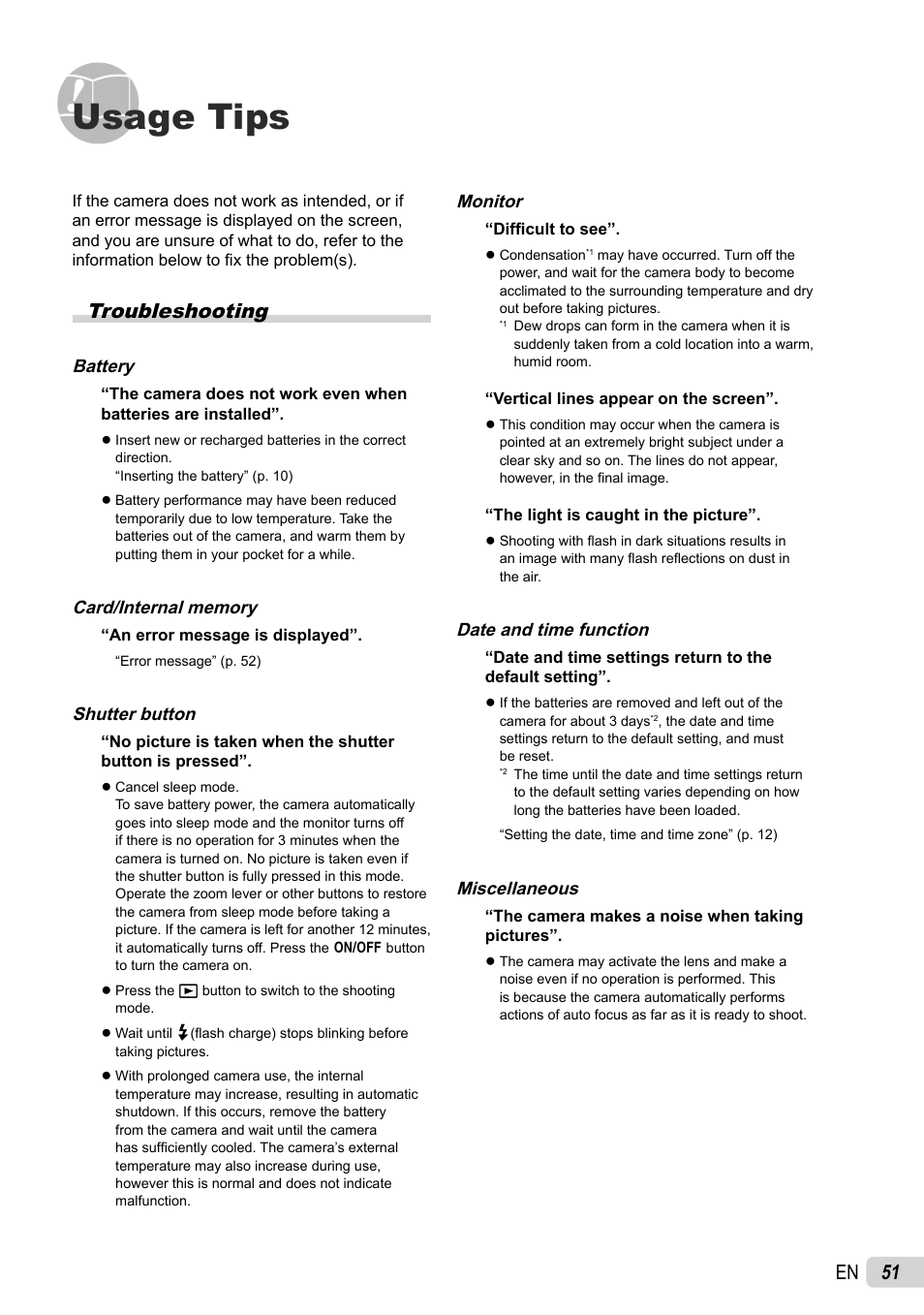 Usage tips, 51 en, Troubleshooting | Olympus SP-600UZ User Manual | Page 51 / 70