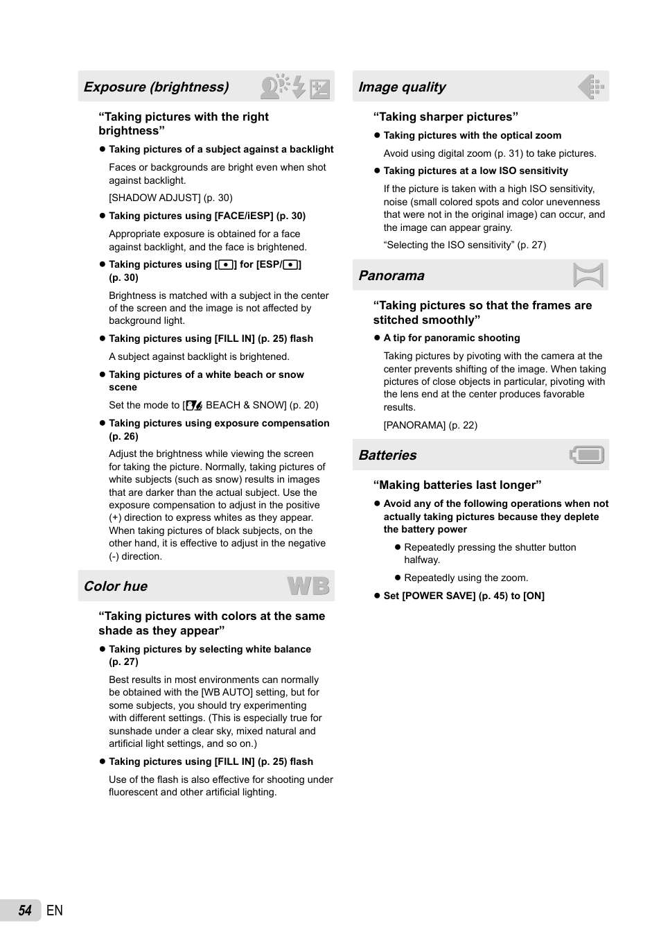 54 en, Exposure (brightness), Color hue | Image quality, Panorama, Batteries | Olympus SP-600UZ User Manual | Page 54 / 70