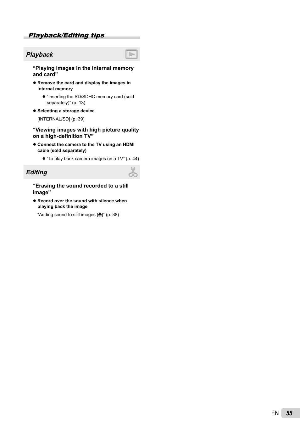 55 en playback/editing tips | Olympus SP-600UZ User Manual | Page 55 / 70