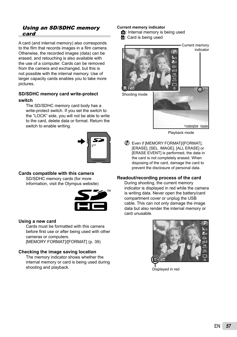 Cards compatible with this camera, Using a new card, Checking the image saving location | Readout/recording process of the card | Olympus SP-600UZ User Manual | Page 57 / 70