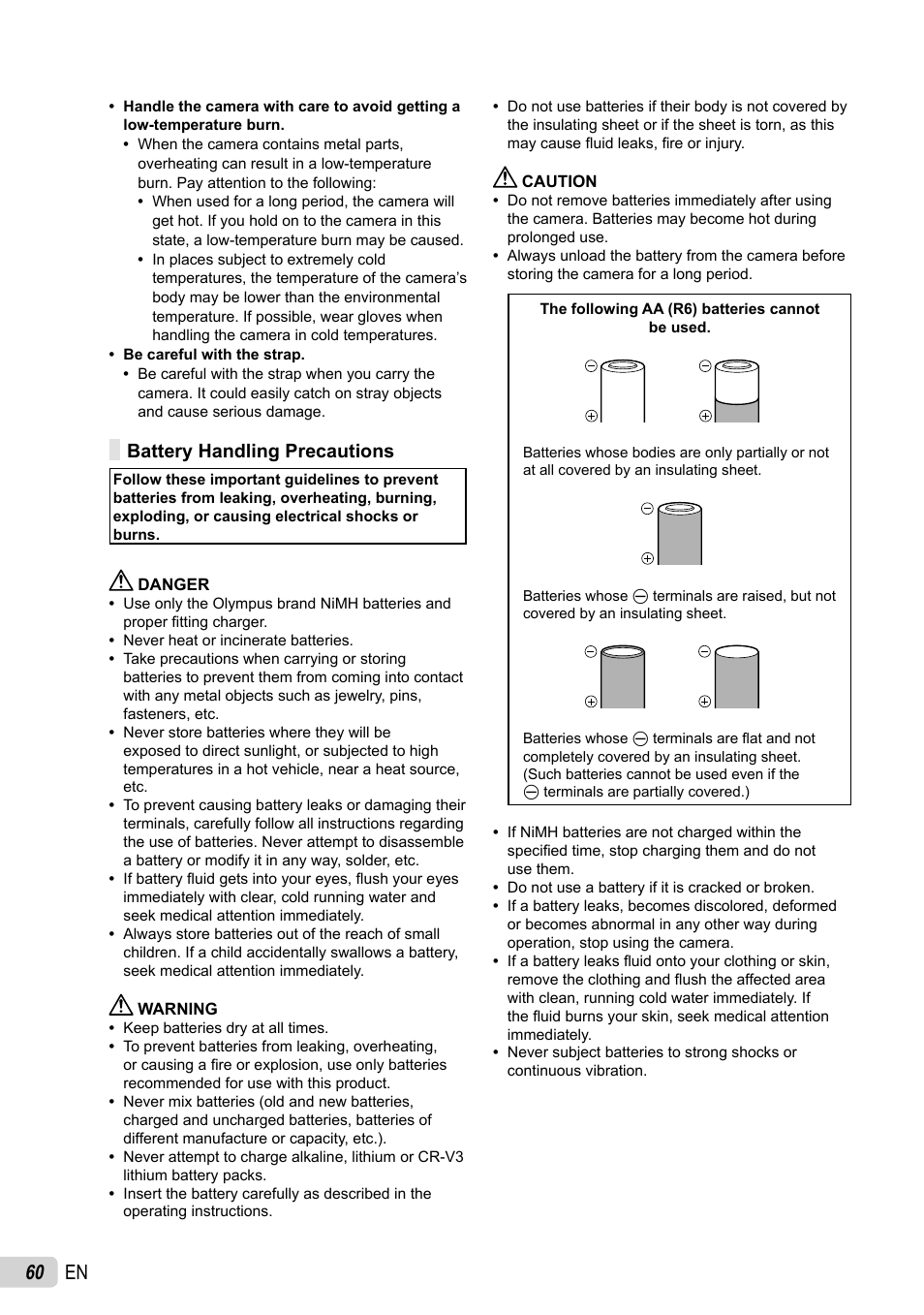 60 en, Battery handling precautions | Olympus SP-600UZ User Manual | Page 60 / 70