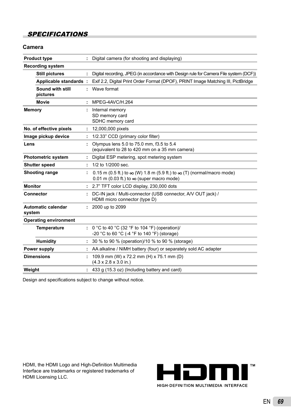 69 en, Specifications | Olympus SP-600UZ User Manual | Page 69 / 70