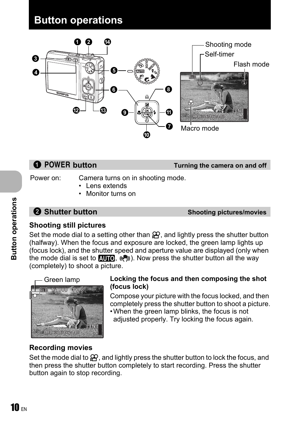 Button operations, O button turning the camera on and off, Shutter button shooting pictures/movies | P. 10 | Olympus FE-250 User Manual | Page 10 / 75