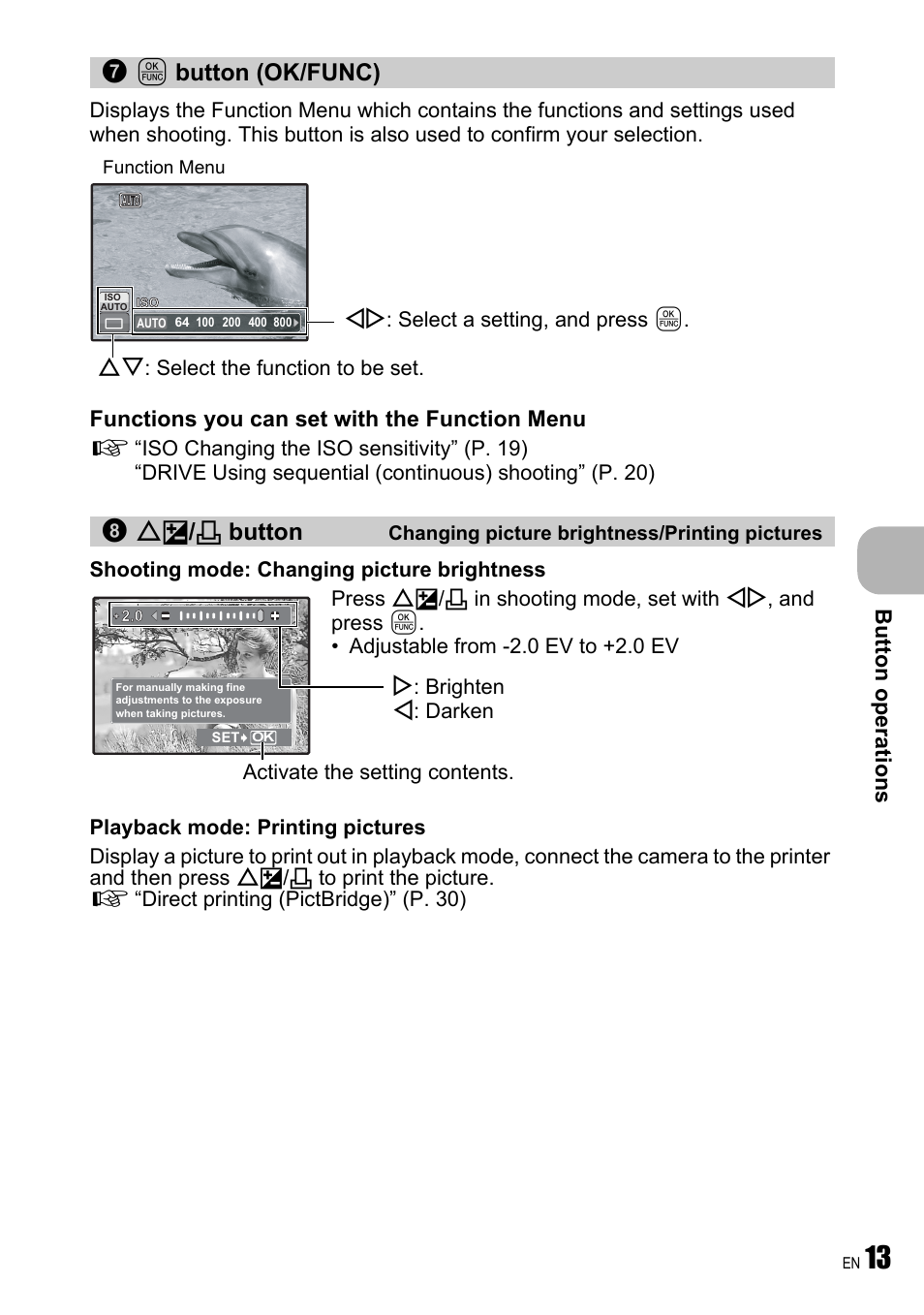 Y button (ok/func), Button (ok/func) of / < button, Bu tto n op erat ion s | Functions you can set with the function menu | Olympus FE-250 User Manual | Page 13 / 75