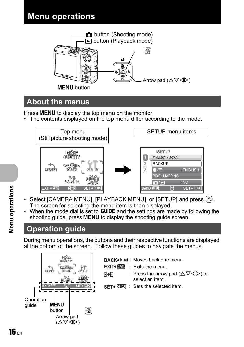 Menu operations, About the menus, Operation guide | P. 16, About the menus operation guide, M button, Button (shooting mode), Button (playback mode) | Olympus FE-250 User Manual | Page 16 / 75