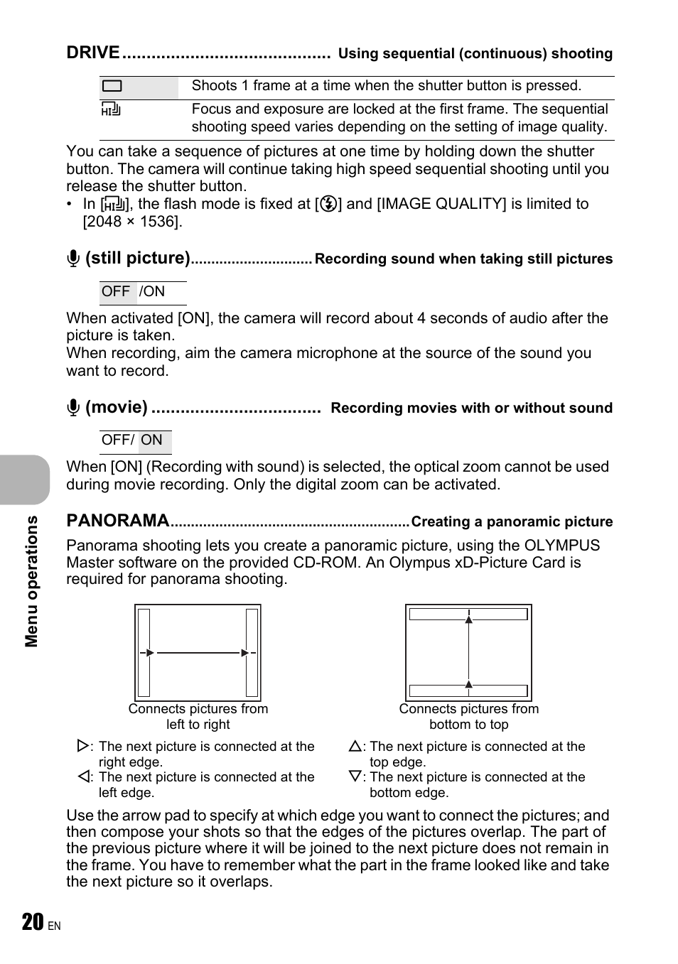 Drive using sequential (continuous) shooting, R (movie) recording movies with or without sound, Panorama creating a panoramic picture | P. 20 | Olympus FE-250 User Manual | Page 20 / 75
