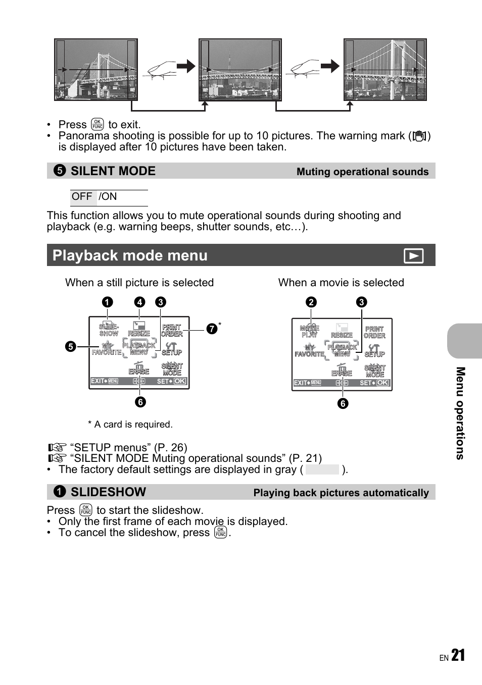 Silent mode muting operational sounds, Playback mode menu q, Slideshow playing back pictures automatically | Silent mode, Slideshow, Me nu operati o ns, Muting operational sounds off /on, Playing back pictures automatically | Olympus FE-250 User Manual | Page 21 / 75