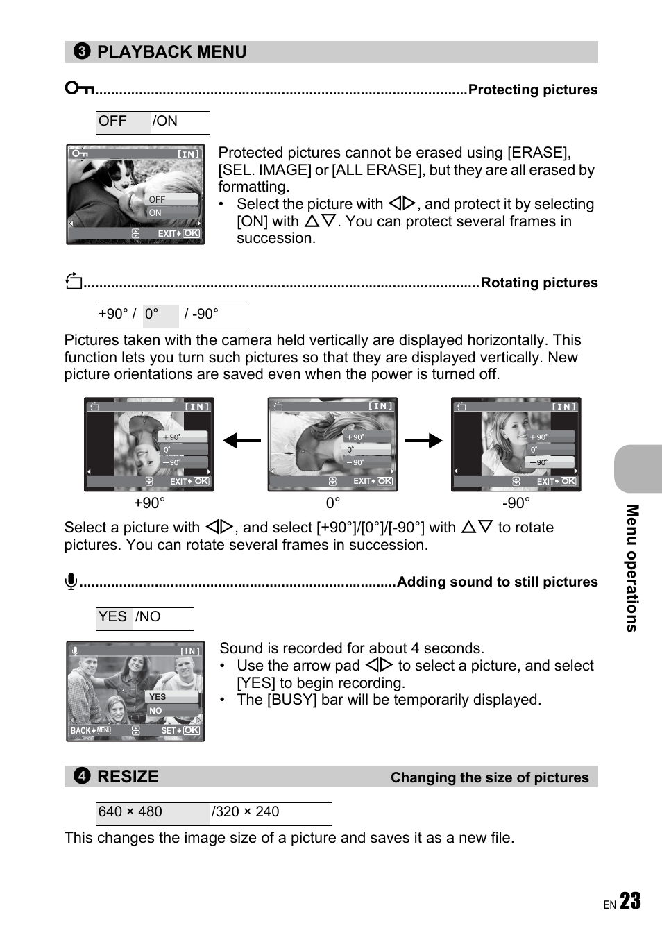 Playback menu, 0 protecting pictures, Y rotating pictures | R adding sound to still pictures, Resize changing the size of pictures, Playback menu 0, Resize, Me nu operati o ns | Olympus FE-250 User Manual | Page 23 / 75