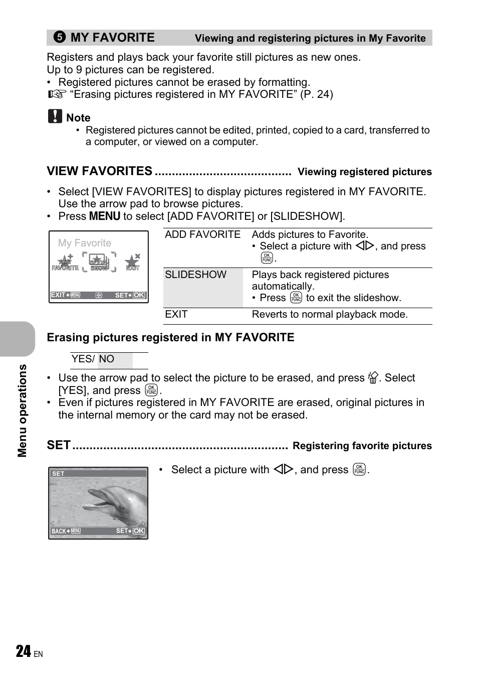 View favorites viewing registered pictures, Set registering favorite pictures, My favorite | View favorites, Menu operations, Erasing pictures registered in my favorite | Olympus FE-250 User Manual | Page 24 / 75