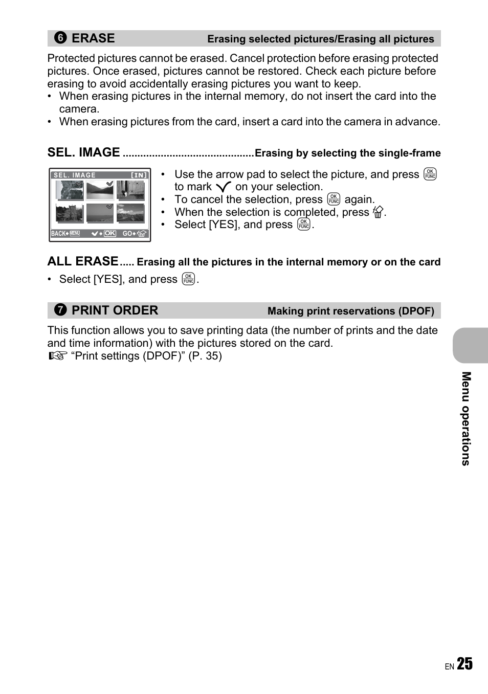 Sel. image erasing by selecting the single-frame, Print order making print reservations (dpof), Erase | Sel. image, All erase, Print order | Olympus FE-250 User Manual | Page 25 / 75