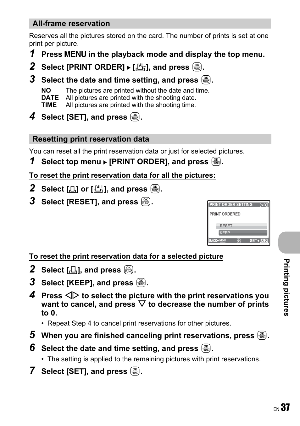 All-frame reservation, Resetting print reservation data | Olympus FE-250 User Manual | Page 37 / 75