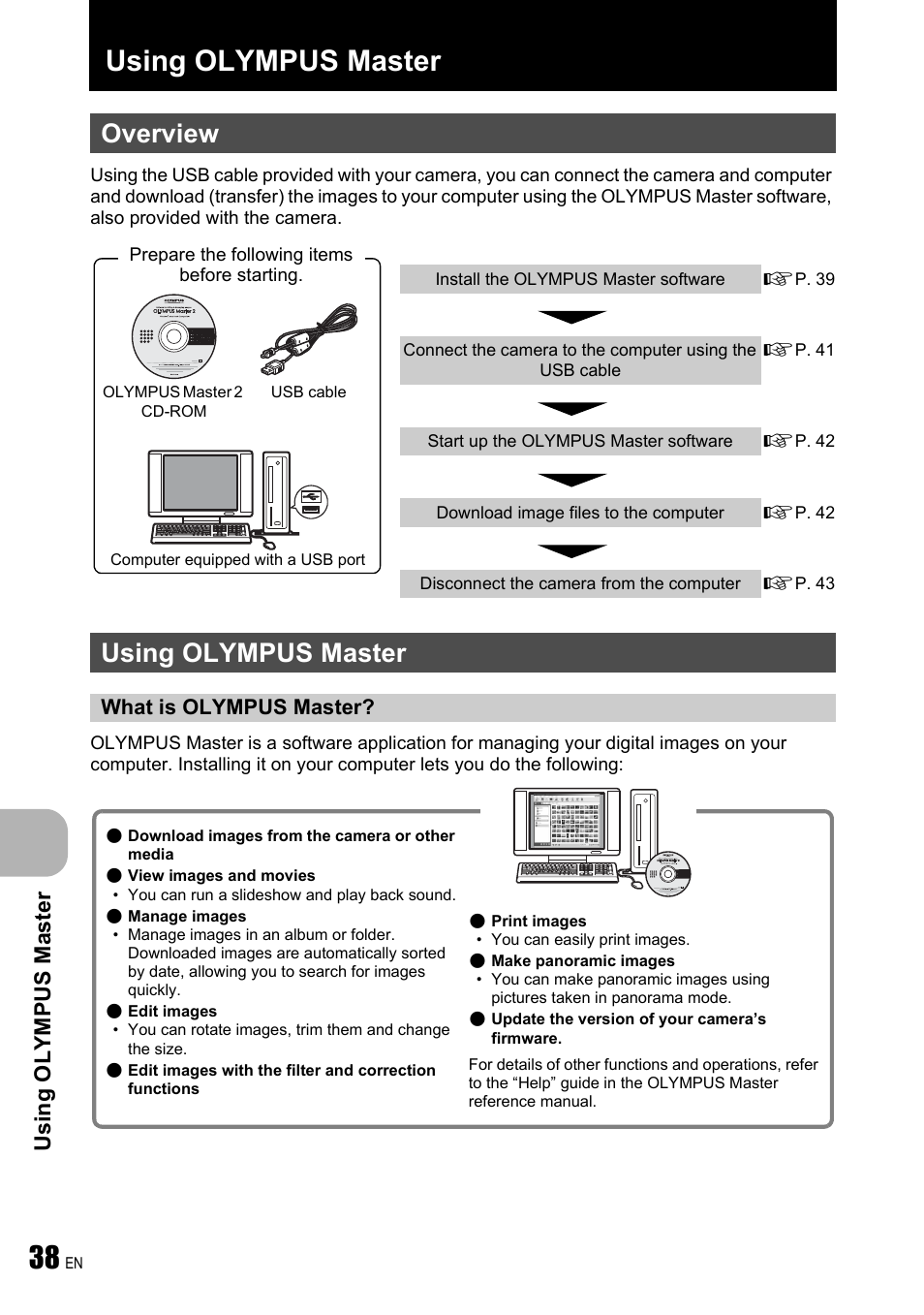 Using olympus master, Overview, What is olympus master | P. 38, Usin g ol ymp u s master | Olympus FE-250 User Manual | Page 38 / 75