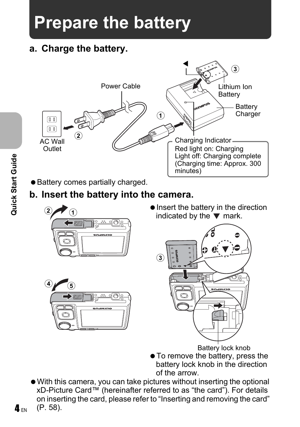 Prepare the battery, A. charge the battery, B. insert the battery into the camera | Olympus FE-250 User Manual | Page 4 / 75