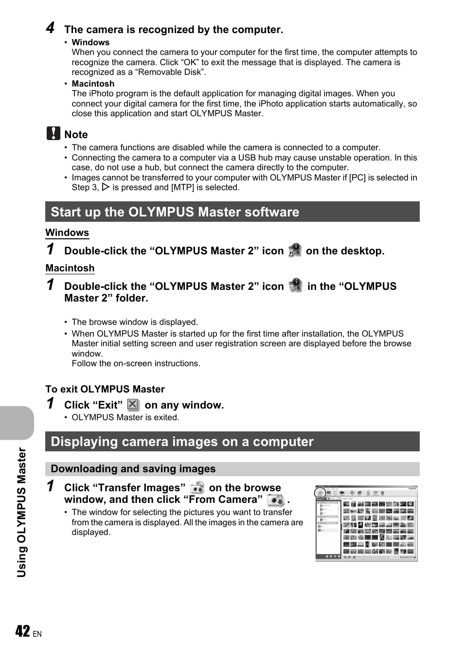 Start up the olympus master software, Displaying camera images on a computer, Downloading and saving images | Gp. 42 | Olympus FE-250 User Manual | Page 42 / 75