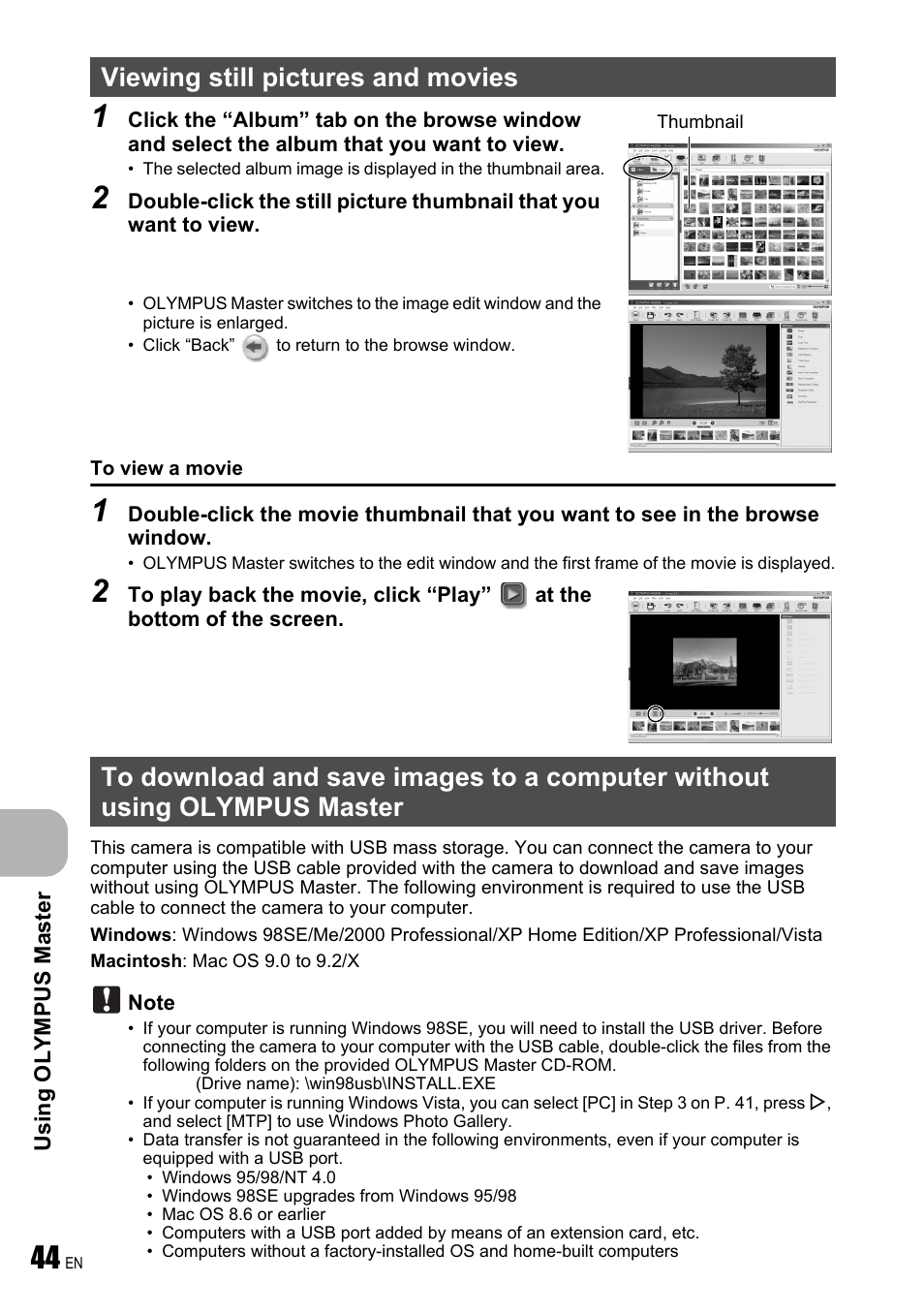 Viewing still pictures and movies | Olympus FE-250 User Manual | Page 44 / 75