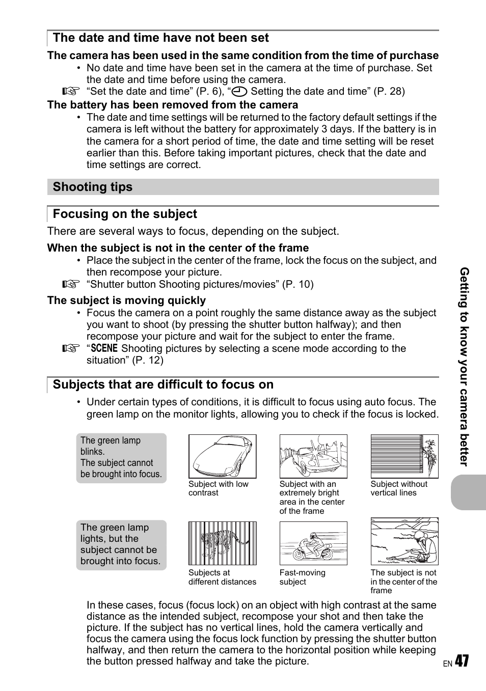 The date and time have not been set, Shooting tips, Focusing on the subject | Subjects that are difficult to focus on, Getting to know your came ra better | Olympus FE-250 User Manual | Page 47 / 75