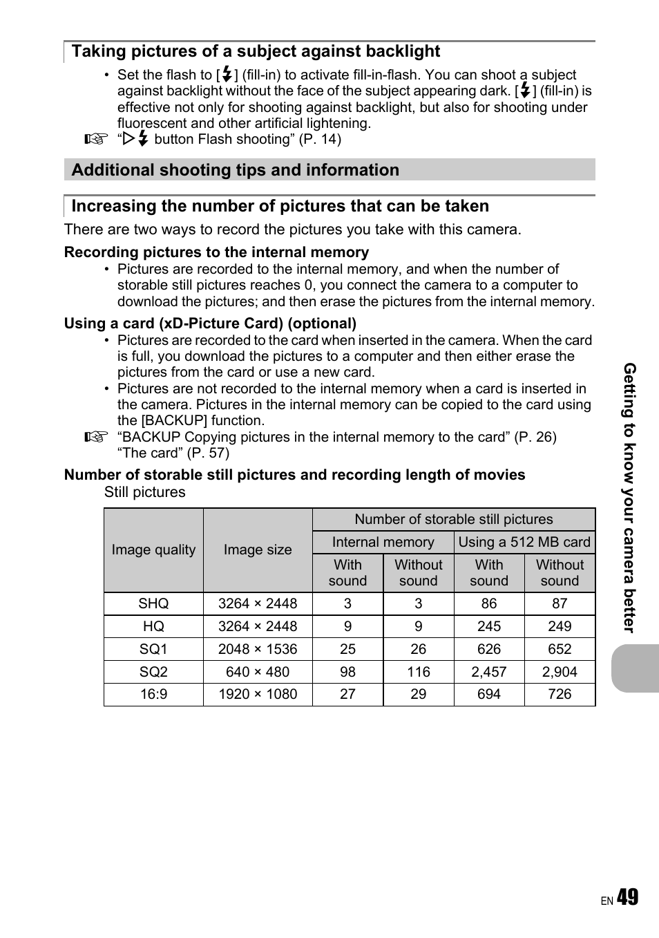 Taking pictures of a subject against backlight, Additional shooting tips and information | Olympus FE-250 User Manual | Page 49 / 75