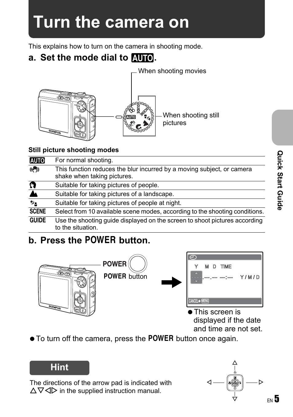 Turn the camera on, A. set the mode dial to h, B. press the o button | Hint | Olympus FE-250 User Manual | Page 5 / 75