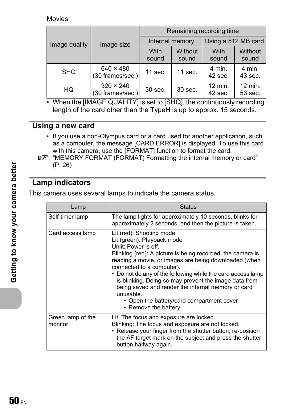 Using a new card, Lamp indicators, Using a new card lamp indicators | Olympus FE-250 User Manual | Page 50 / 75