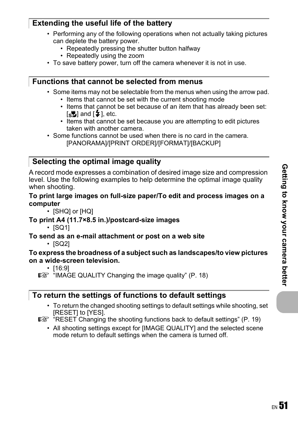 Extending the useful life of the battery, Functions that cannot be selected from menus, Selecting the optimal image quality | Olympus FE-250 User Manual | Page 51 / 75