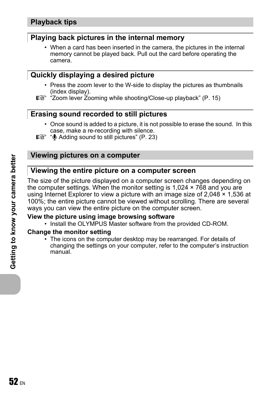 Playback tips, Playing back pictures in the internal memory, Quickly displaying a desired picture | Erasing sound recorded to still pictures, Viewing pictures on a computer, Viewing the entire picture on a computer screen | Olympus FE-250 User Manual | Page 52 / 75