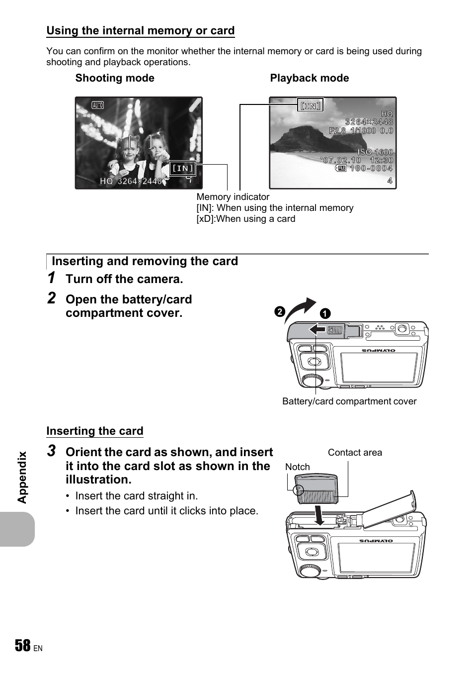 Turn off the camera, Open the battery/card compartment cover, Inserting and removing the card | Olympus FE-250 User Manual | Page 58 / 75