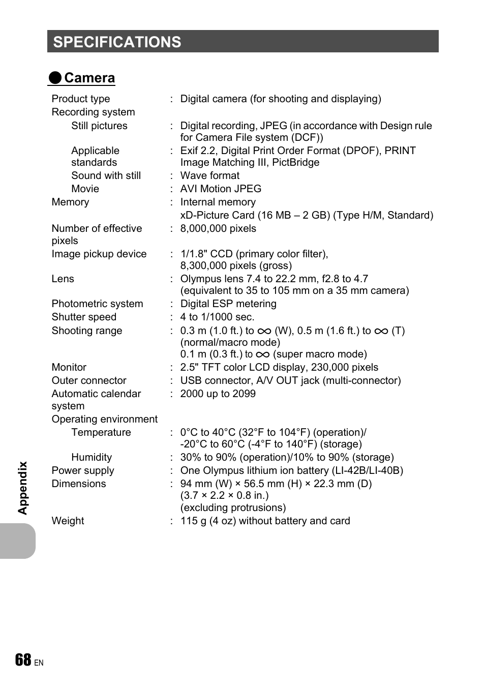 Specifications, Camera | Olympus FE-250 User Manual | Page 68 / 75