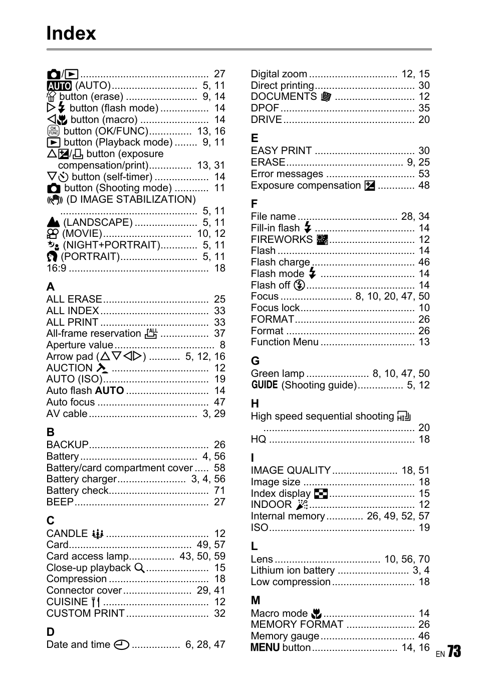 Index | Olympus FE-250 User Manual | Page 73 / 75