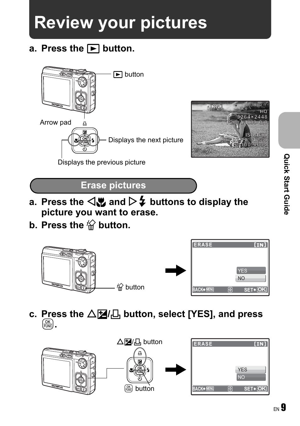 Review your pictures, Erase pictures | Olympus FE-250 User Manual | Page 9 / 75