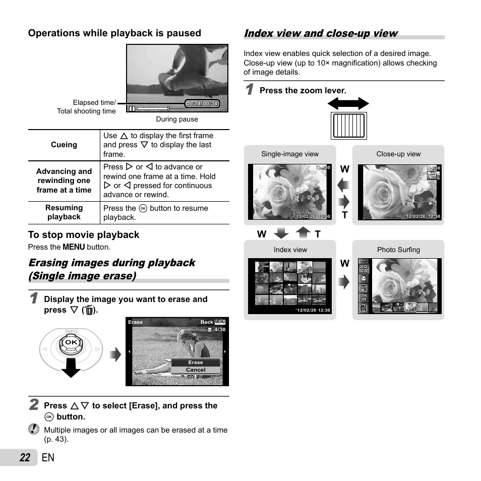 22 en, Index view and close-up view, Operations while playback is paused | Wt w w t | Olympus TG-820 User Manual | Page 22 / 83