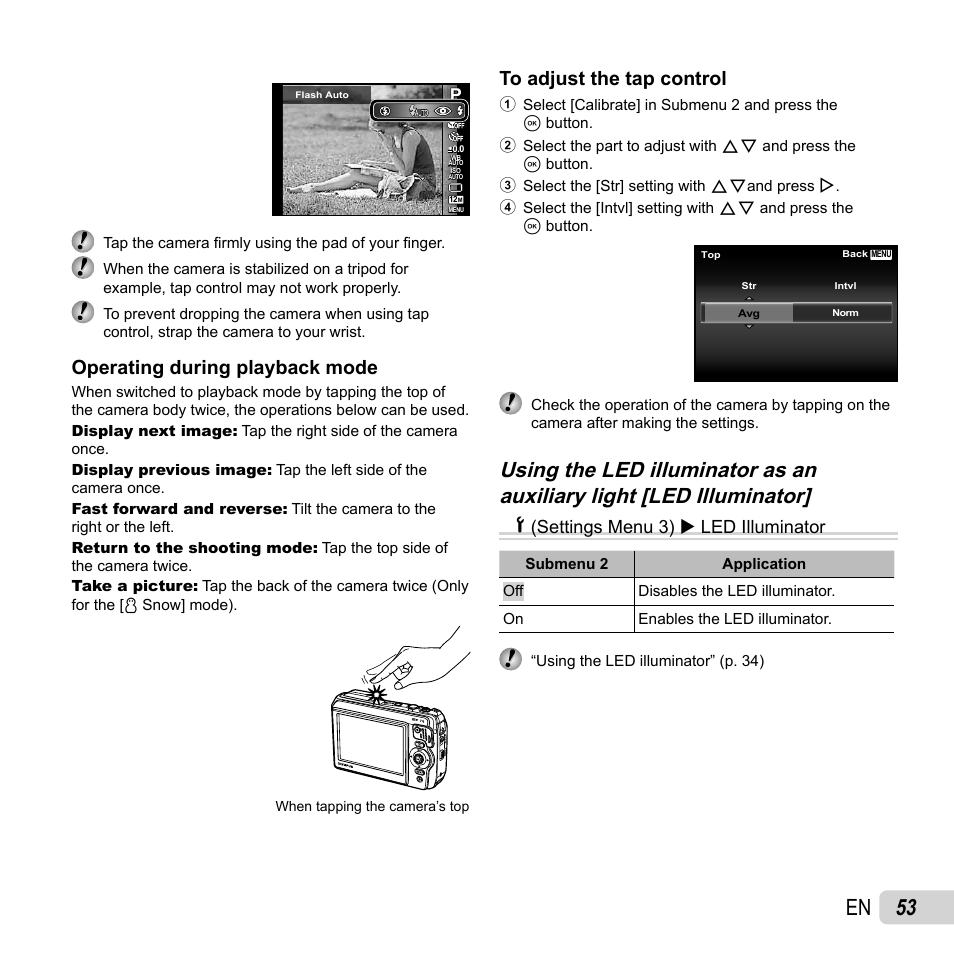 53 en, Operating during playback mode, D (settings menu 3)  led illuminator | Olympus TG-820 User Manual | Page 53 / 83