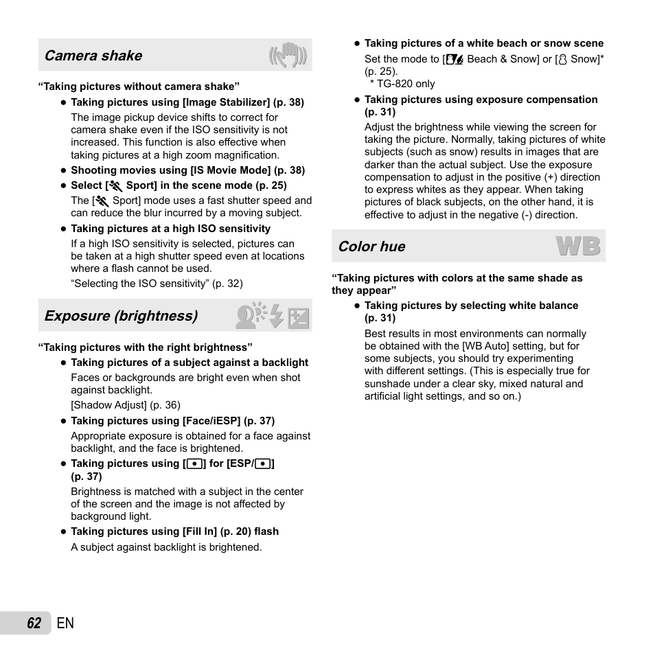 62 en, Camera shake, Exposure (brightness) | Color hue | Olympus TG-820 User Manual | Page 62 / 83
